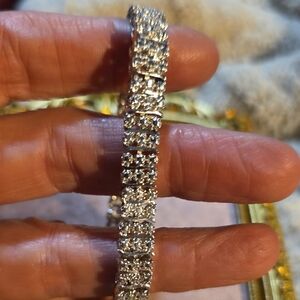 Silver Bracelet with Sparkling Accents, Double Sided Safety Clasps Stamped China